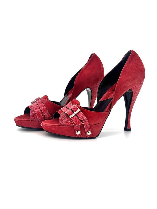 Dior Shoes - Dior John Galliano Red Double Buckle Snakeskin Peep Toe Platform Pumps 39.5